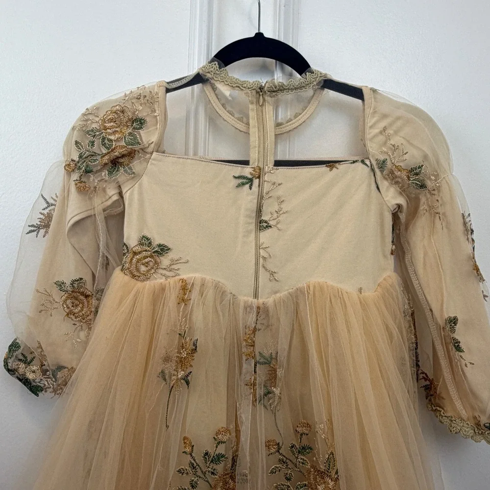 Girls Champagne Floral Embroidered Tulle Party‎ Dress Illusion Neckline Formal
